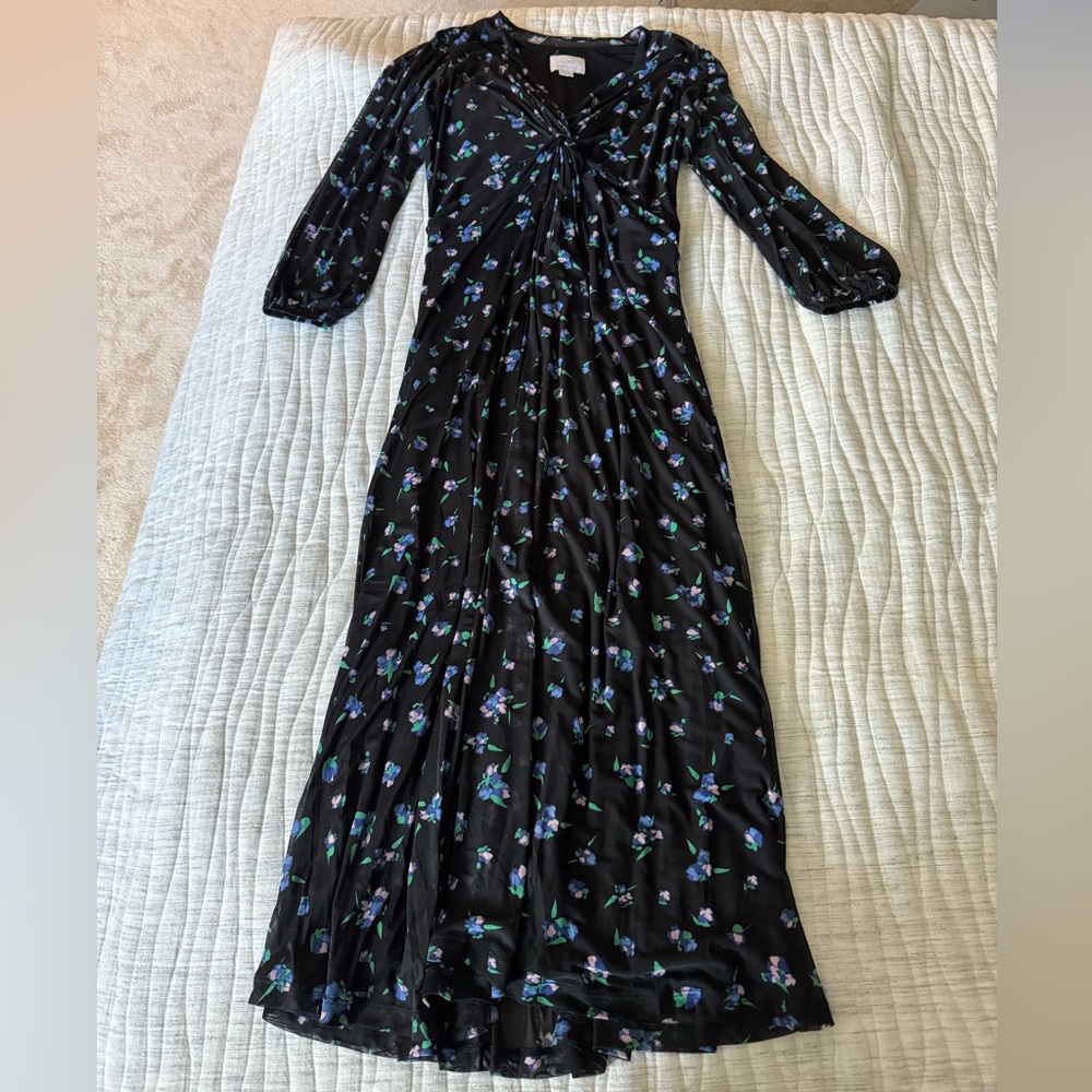 Seraphine Maternity Black Dress with Blue Floral Pattern